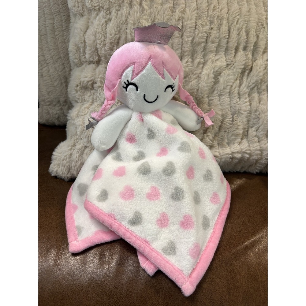 Forever Baby Princess Doll Lovey Security Blanket Pink Grey Heart Plush Snuggler